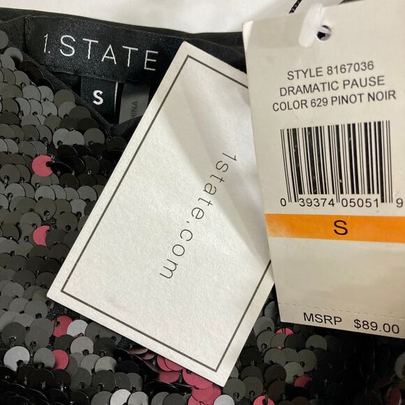 New 1.STATE Sequin Cami Top Dramatic Pause small V-Neck black burgundy camisole - Picture 8 of 12